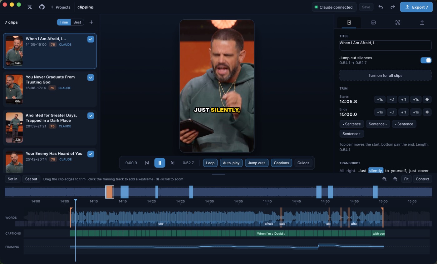 The OpenClip editor with the suggested clips list, a 9:16 preview and the clip timeline